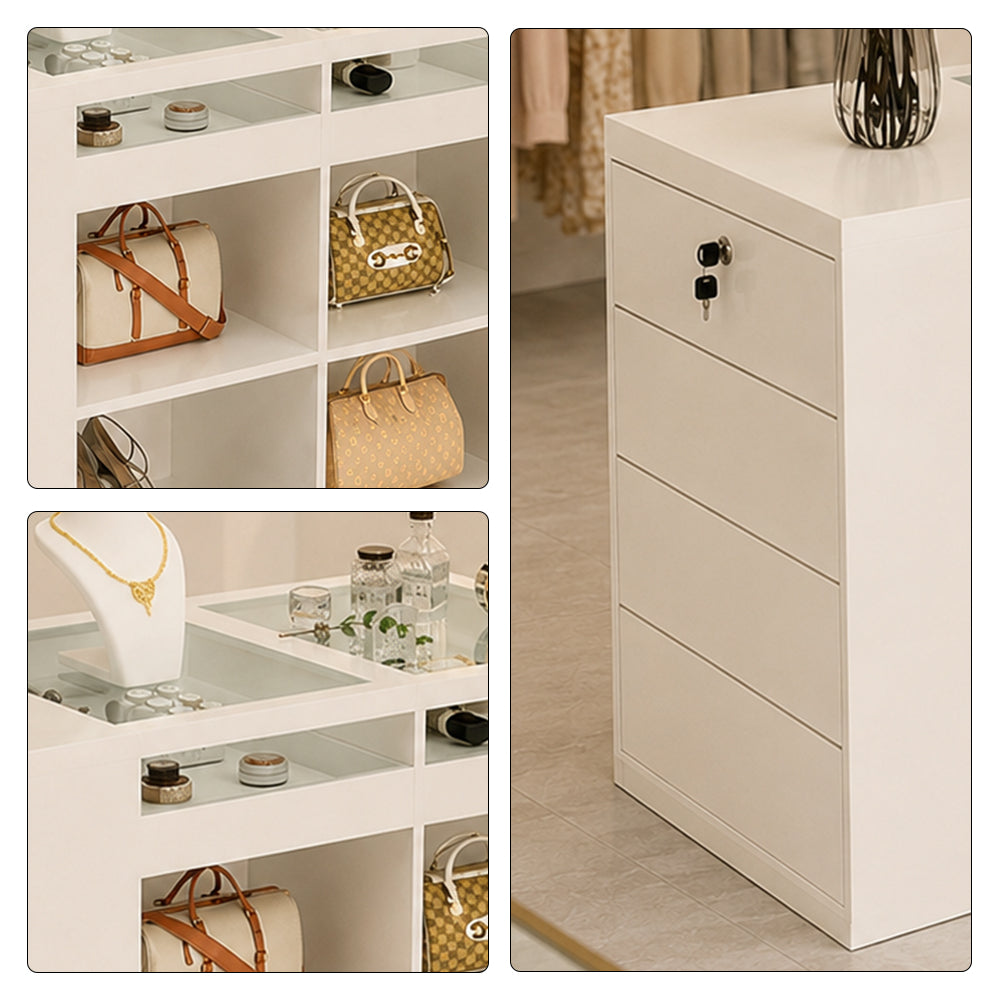 LIVARA 120cm Retail Island Display Counter with Tempered Glass Top and Lockable Storage for Boutique & Clothing Store - Beige