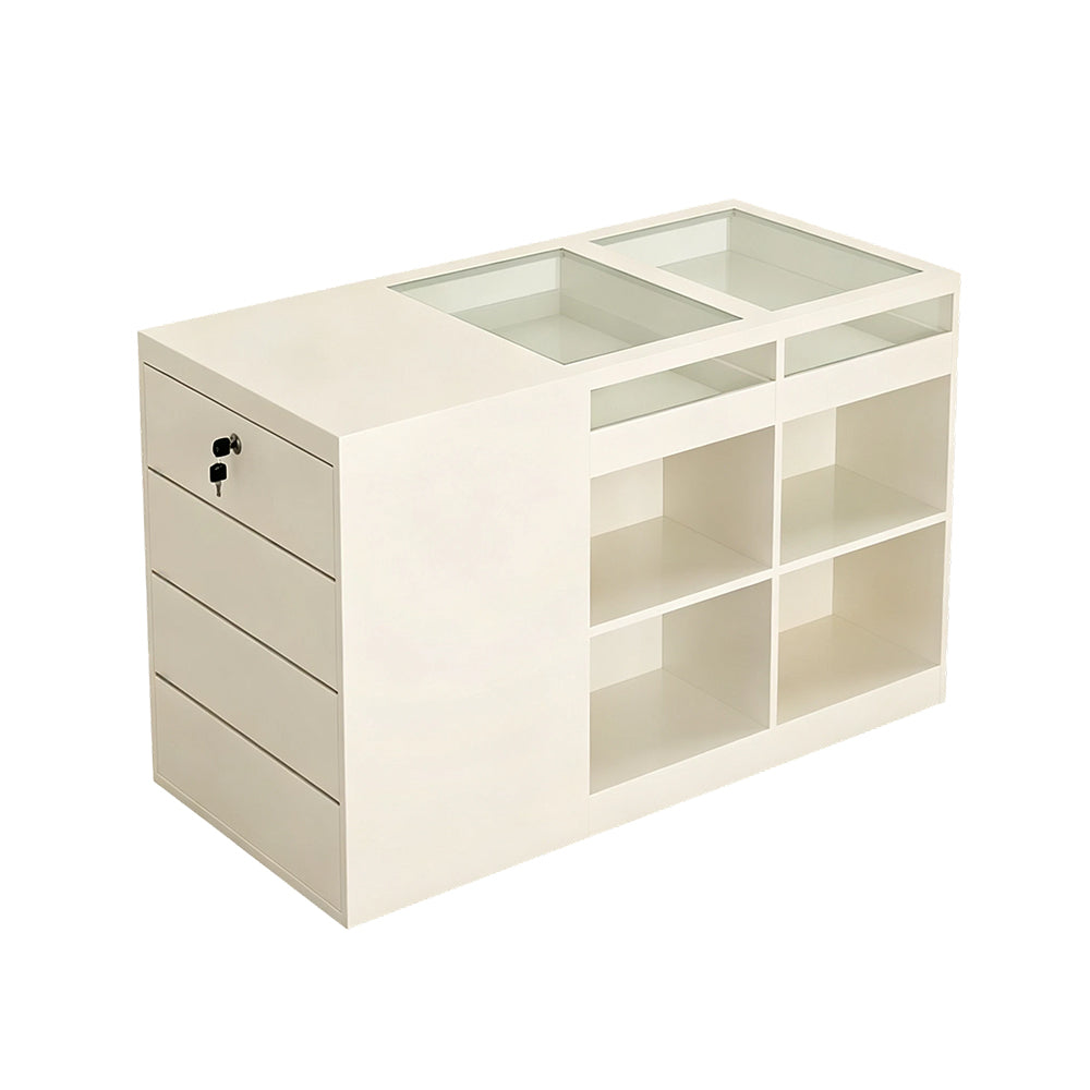 LIVARA 120cm Retail Island Display Counter with Tempered Glass Top and Lockable Storage for Boutique & Clothing Store - Beige