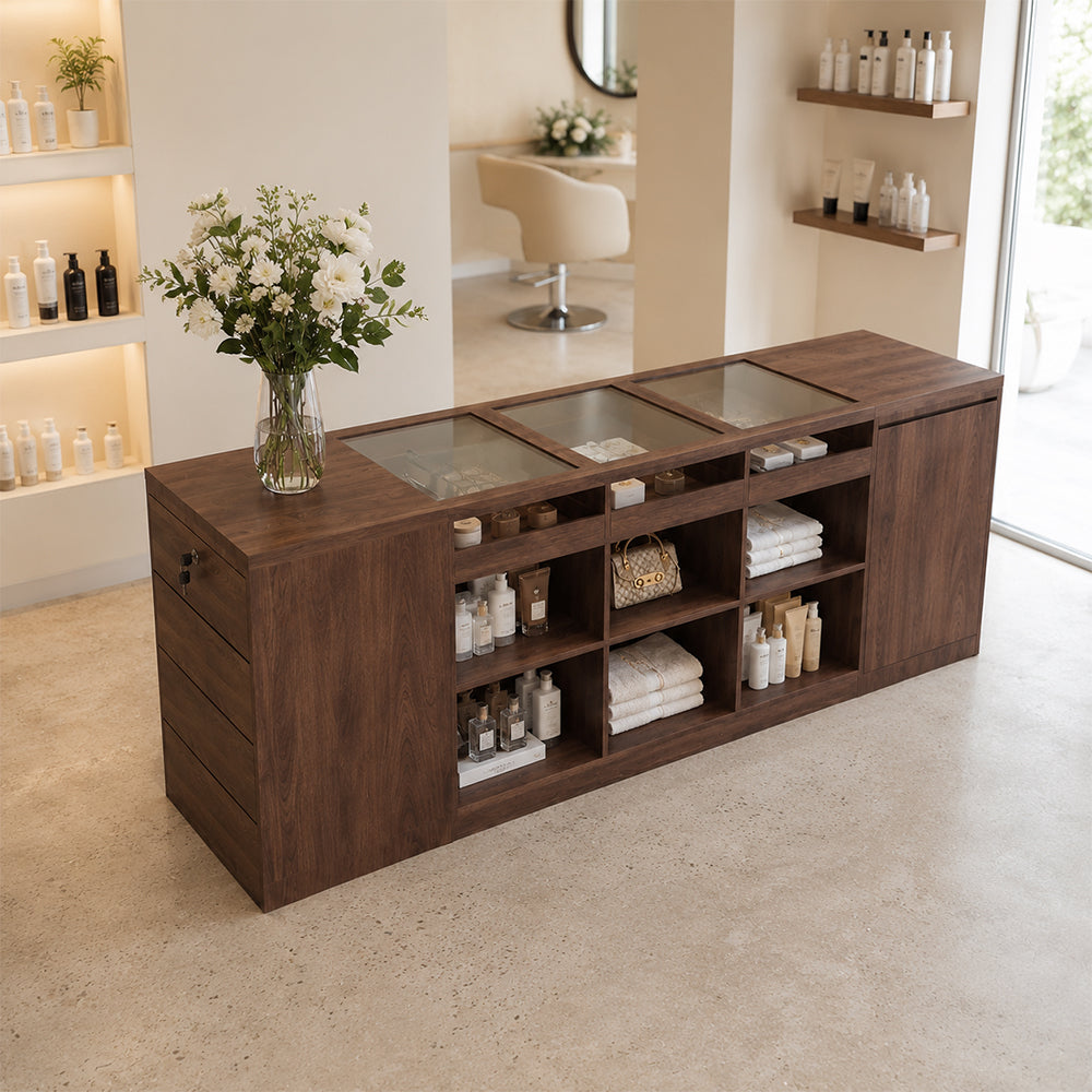 LIVARA 180cm Retail Island Display Counter with Tempered Glass Top and Lockable Storage for Boutique & Clothing Store - Walnut