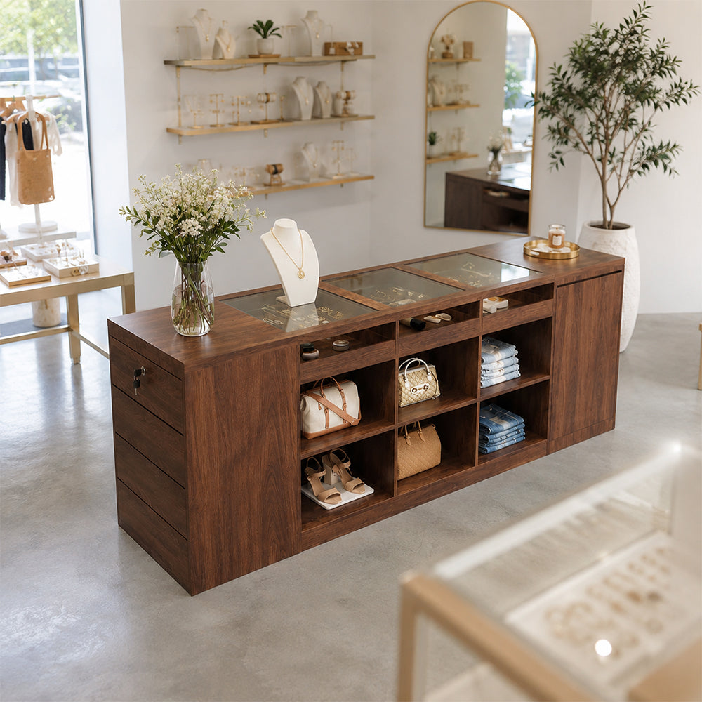 LIVARA 180cm Retail Island Display Counter with Tempered Glass Top and Lockable Storage for Boutique & Clothing Store - Walnut