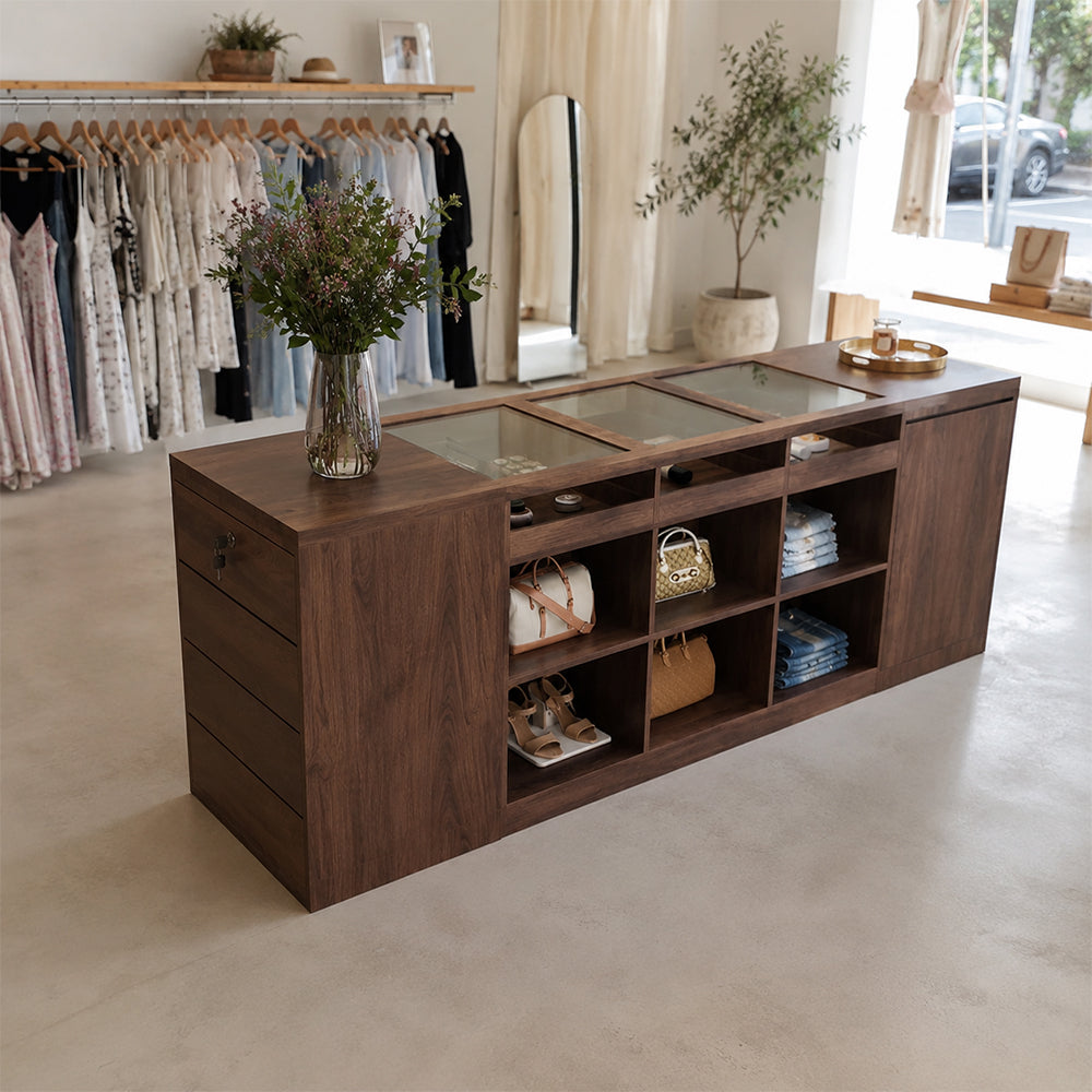 LIVARA 180cm Retail Island Display Counter with Tempered Glass Top and Lockable Storage for Boutique & Clothing Store - Walnut