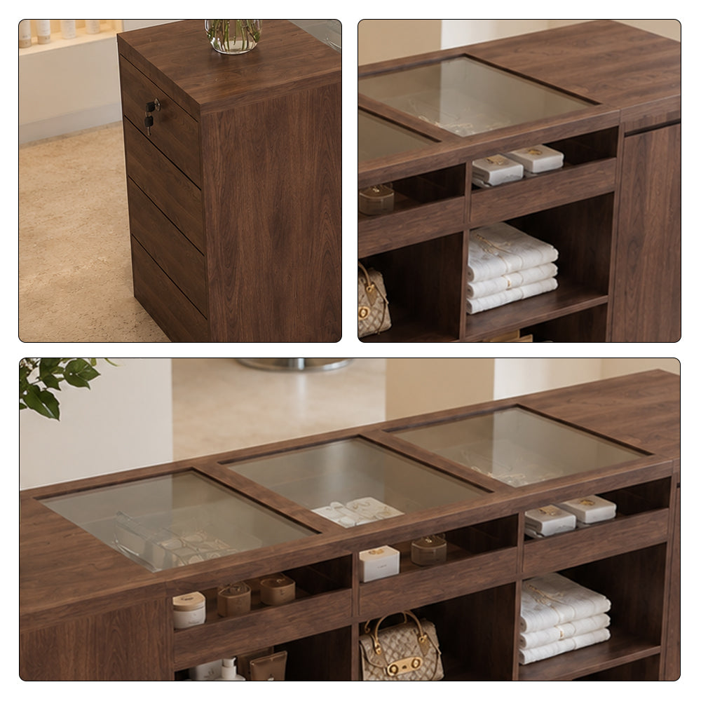 LIVARA 180cm Retail Island Display Counter with Tempered Glass Top and Lockable Storage for Boutique & Clothing Store - Walnut