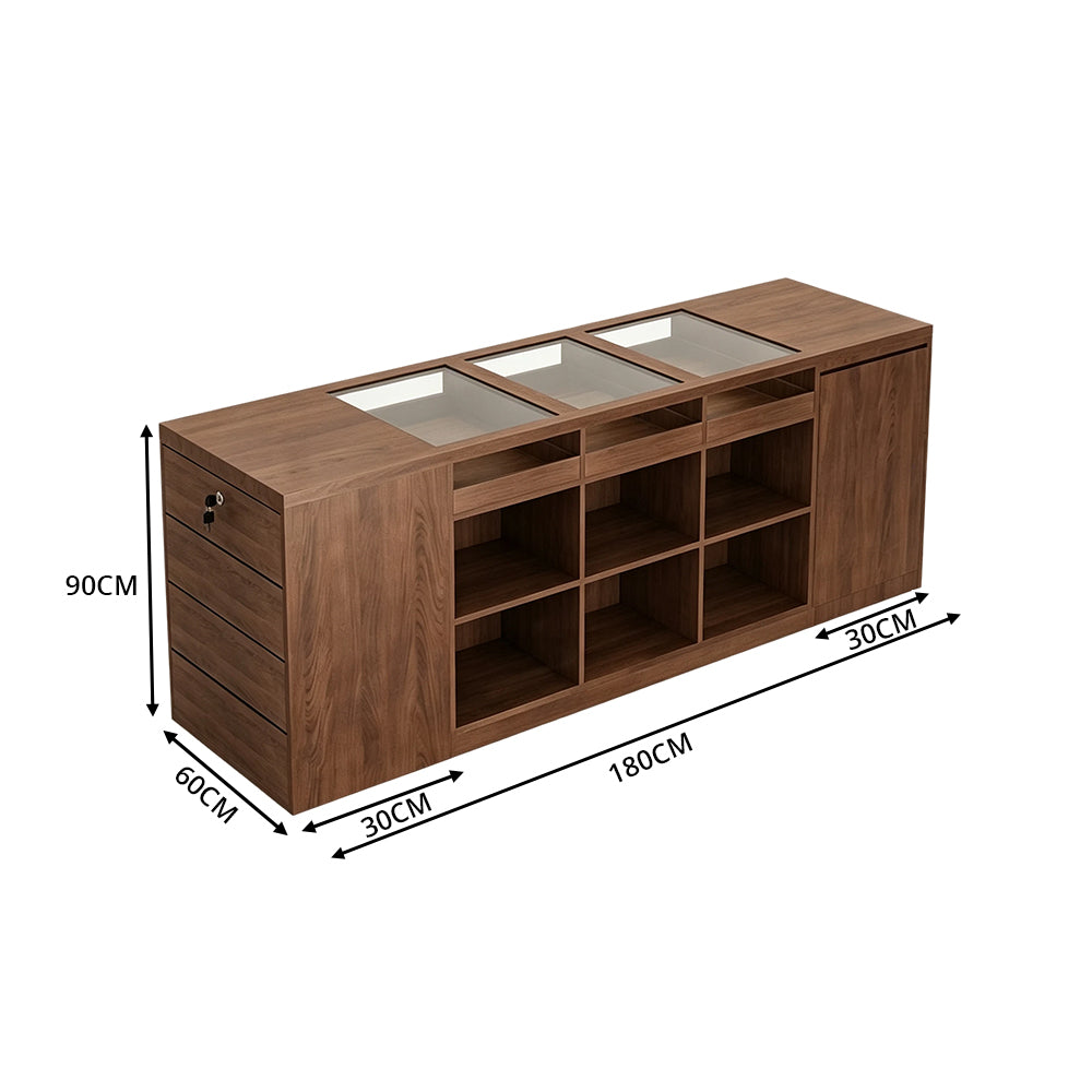 LIVARA 180cm Retail Island Display Counter with Tempered Glass Top and Lockable Storage for Boutique & Clothing Store - Walnut