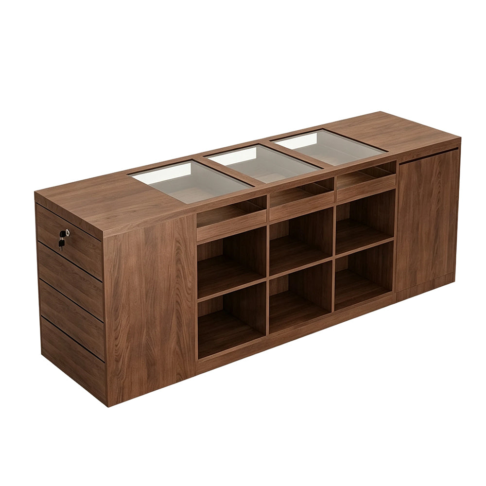 LIVARA 180cm Retail Island Display Counter with Tempered Glass Top and Lockable Storage for Boutique & Clothing Store - Walnut