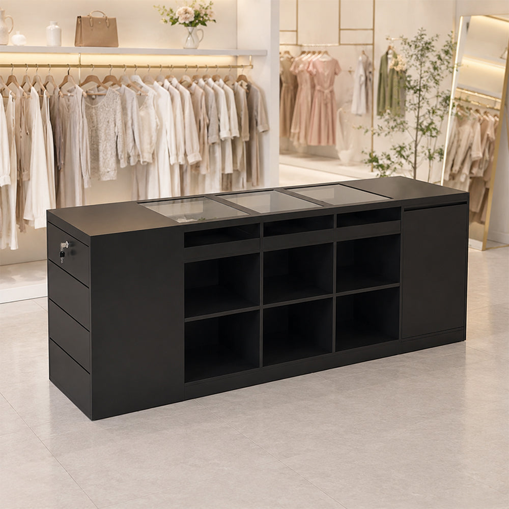 LIVARA 180cm Retail Island Display Counter with Tempered Glass Top and Lockable Storage for Boutique & Clothing Store - Black
