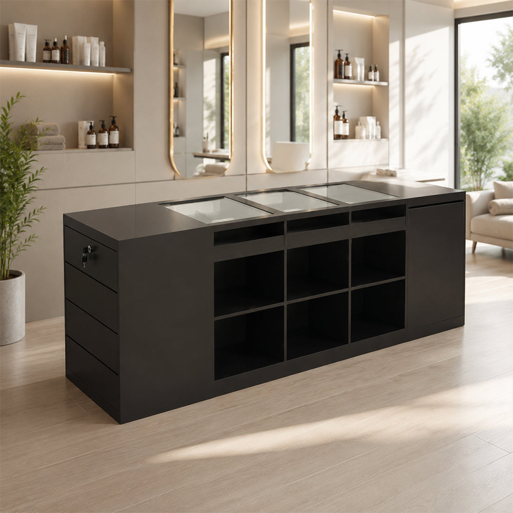 LIVARA 180cm Retail Island Display Counter with Tempered Glass Top and Lockable Storage for Boutique & Clothing Store - Black