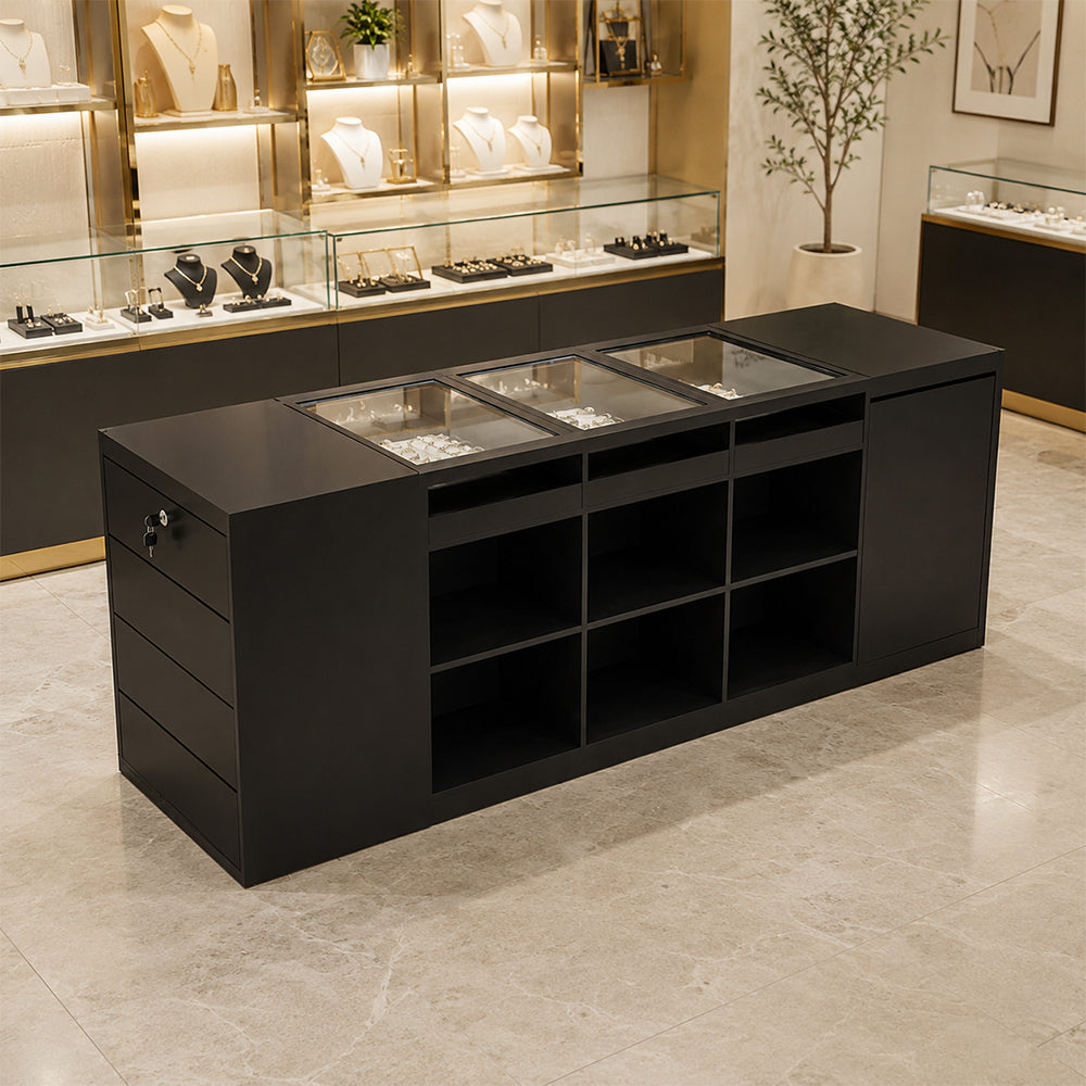 LIVARA 180cm Retail Island Display Counter with Tempered Glass Top and Lockable Storage for Boutique & Clothing Store - Black