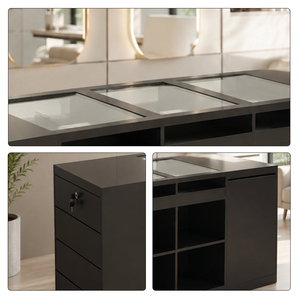 LIVARA 180cm Retail Island Display Counter with Tempered Glass Top and Lockable Storage for Boutique & Clothing Store - Black
