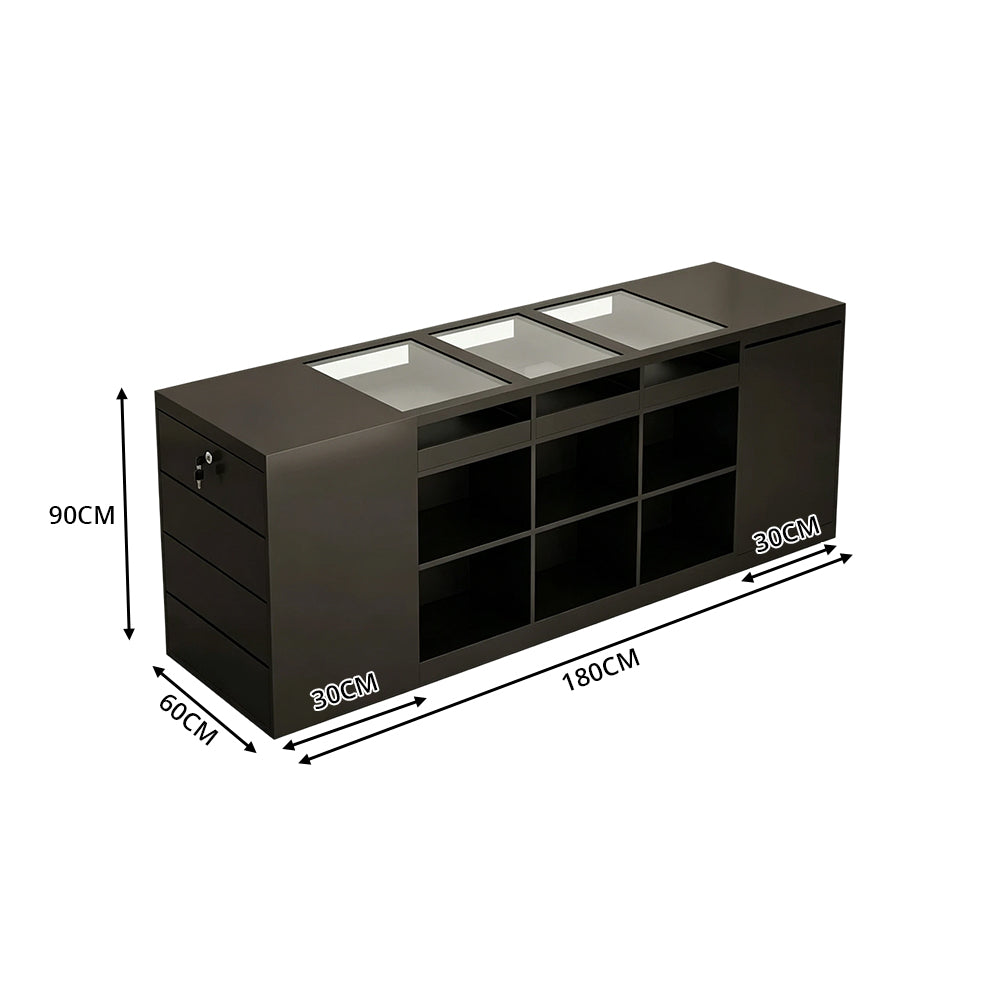 LIVARA 180cm Retail Island Display Counter with Tempered Glass Top and Lockable Storage for Boutique & Clothing Store - Black
