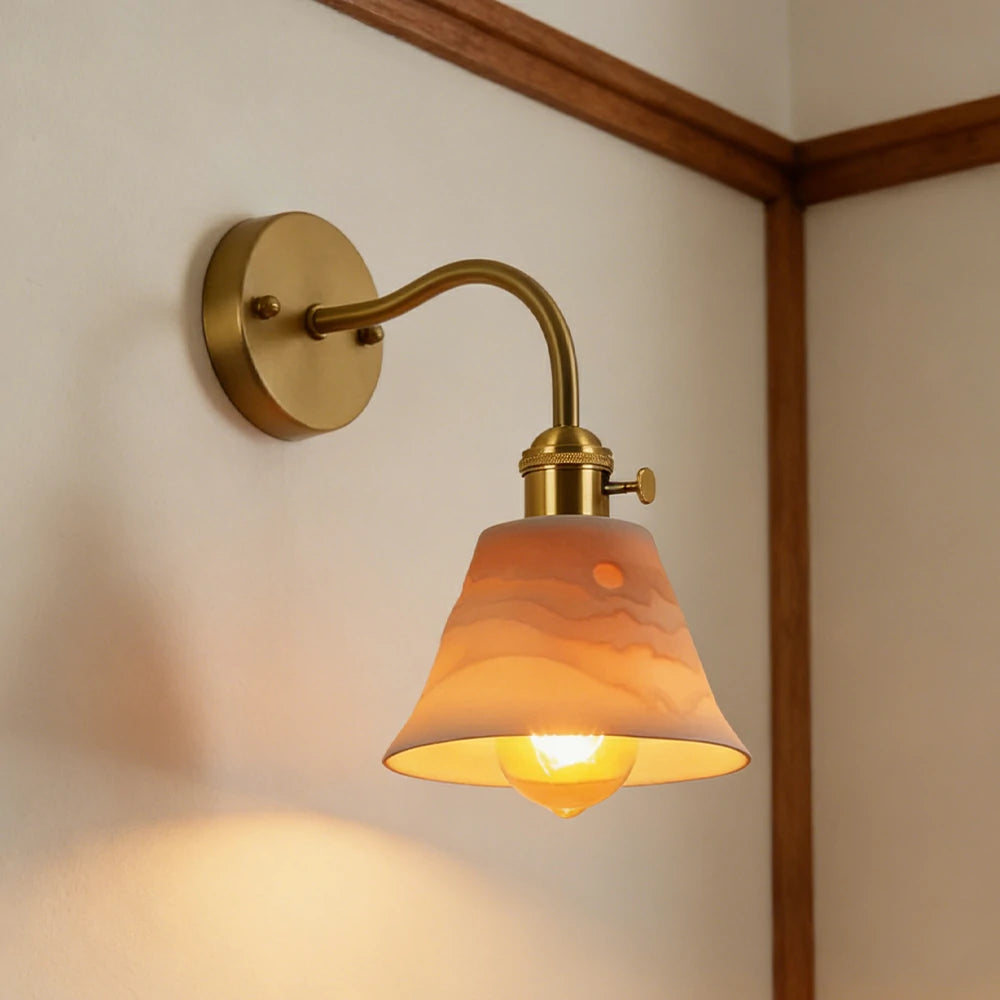 LIVARA Vintage Wall Light 40W Edison Bulb Layered Mountain Design Curved Arm Brass Structure for Bedroom Hallway Living Room
