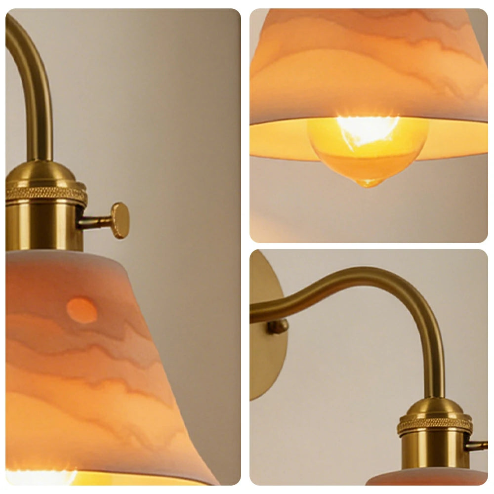 LIVARA Vintage Wall Light 40W Edison Bulb Layered Mountain Design Curved Arm Brass Structure for Bedroom Hallway Living Room