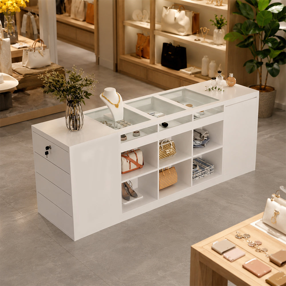 LIVARA 180cm Retail Island Display Counter with Tempered Glass Top and Lockable Storage for Boutique & Clothing Store - White
