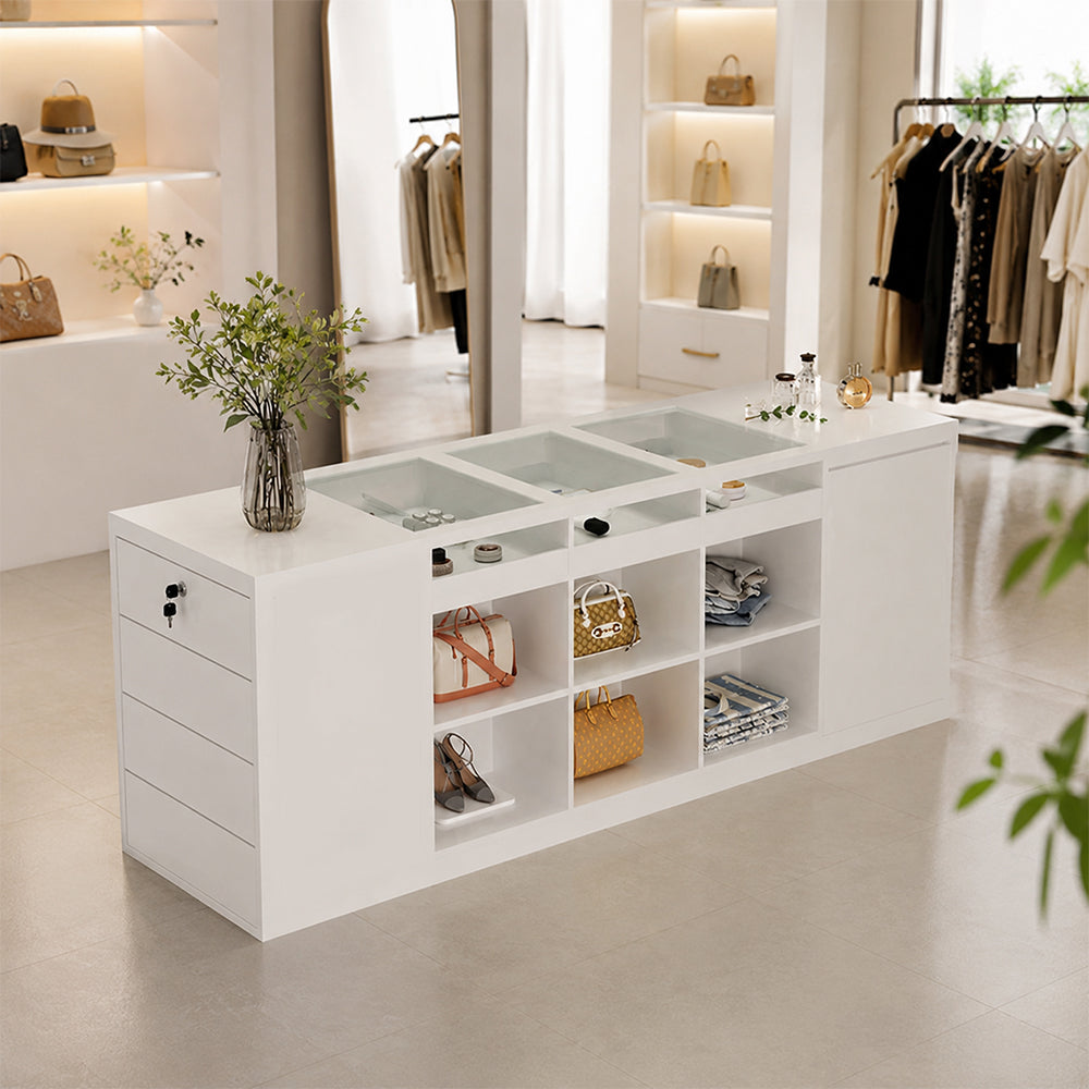 LIVARA 180cm Retail Island Display Counter with Tempered Glass Top and Lockable Storage for Boutique & Clothing Store - White