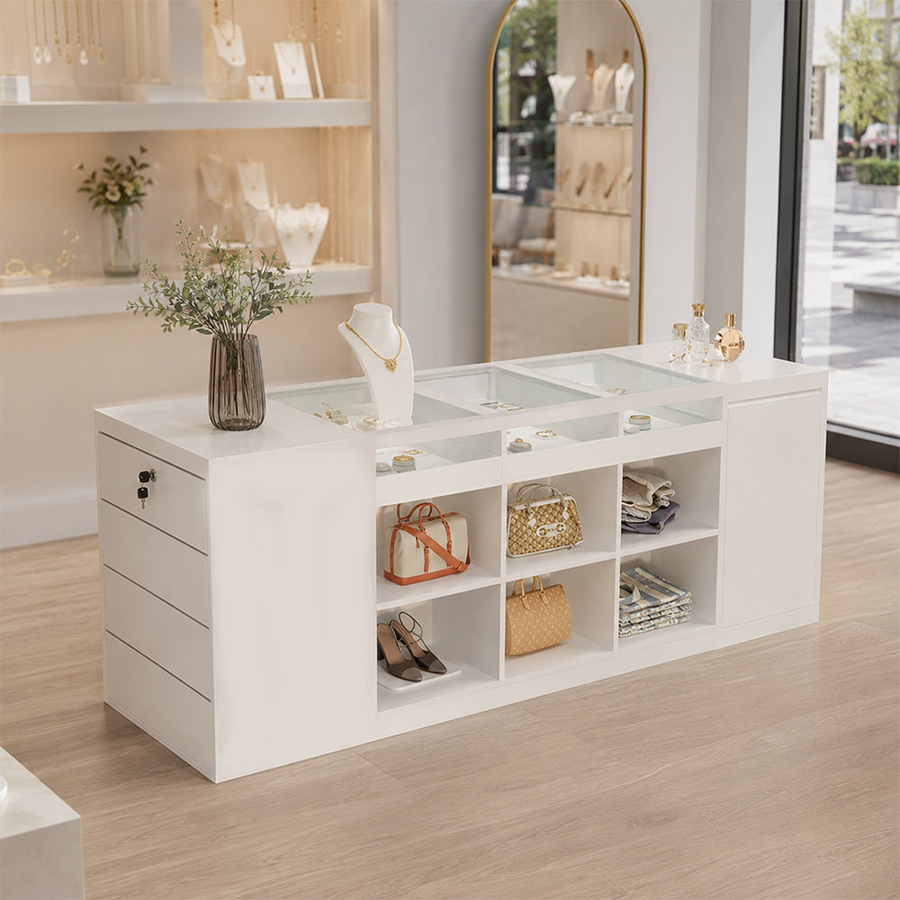 LIVARA 180cm Retail Island Display Counter with Tempered Glass Top and Lockable Storage for Boutique & Clothing Store - White