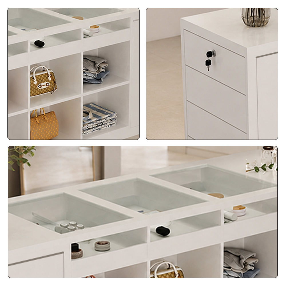 LIVARA 180cm Retail Island Display Counter with Tempered Glass Top and Lockable Storage for Boutique & Clothing Store - White