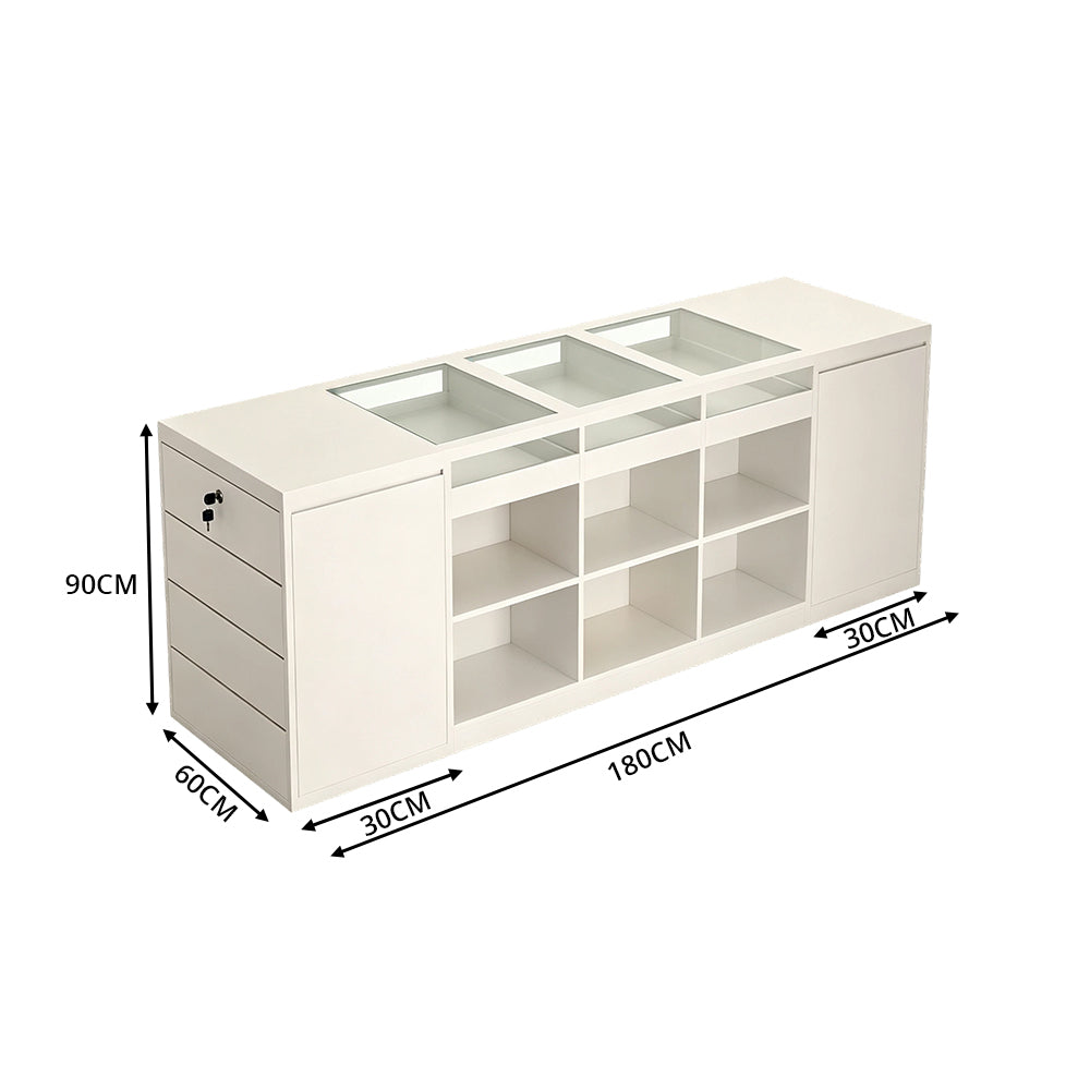 LIVARA 180cm Retail Island Display Counter with Tempered Glass Top and Lockable Storage for Boutique & Clothing Store - White