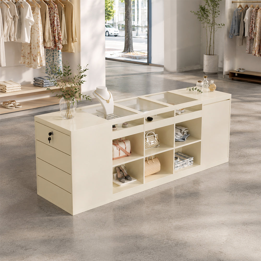 LIVARA 180cm Retail Island Display Counter with Tempered Glass Top and Lockable Storage for Boutique & Clothing Store - Beige
