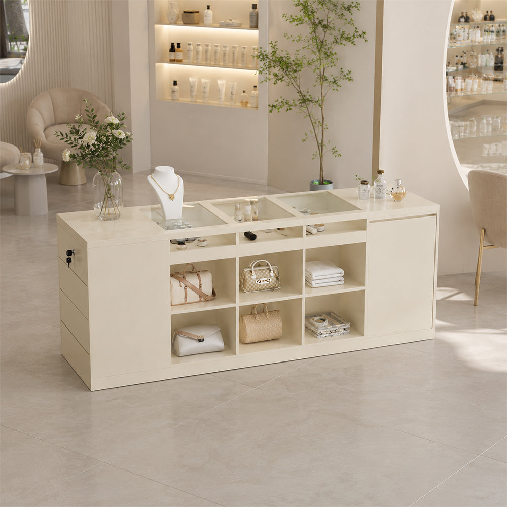 LIVARA 180cm Retail Island Display Counter with Tempered Glass Top and Lockable Storage for Boutique & Clothing Store - Beige