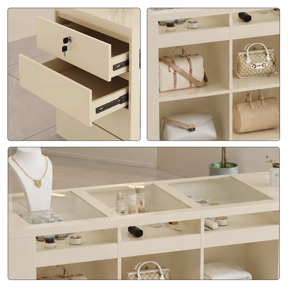 LIVARA 180cm Retail Island Display Counter with Tempered Glass Top and Lockable Storage for Boutique & Clothing Store - Beige