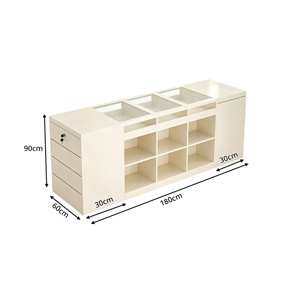 LIVARA 180cm Retail Island Display Counter with Tempered Glass Top and Lockable Storage for Boutique & Clothing Store - Beige