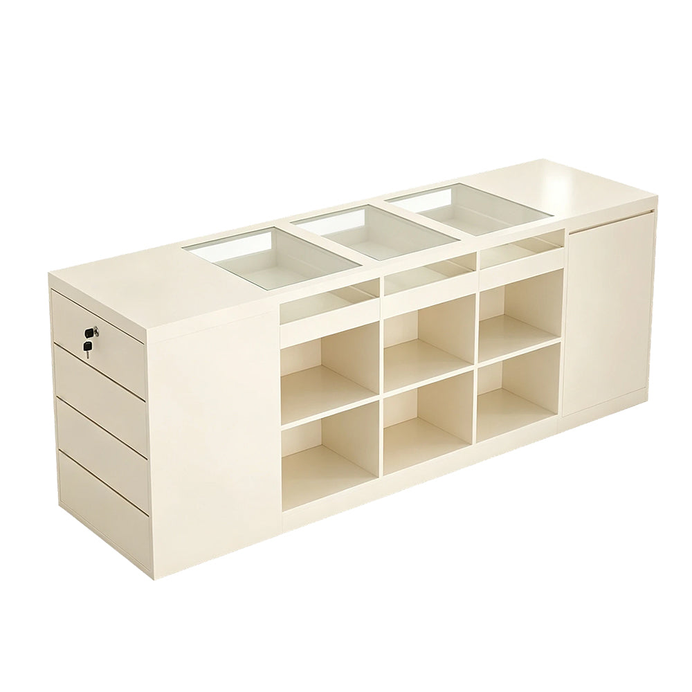LIVARA 180cm Retail Island Display Counter with Tempered Glass Top and Lockable Storage for Boutique & Clothing Store - Beige