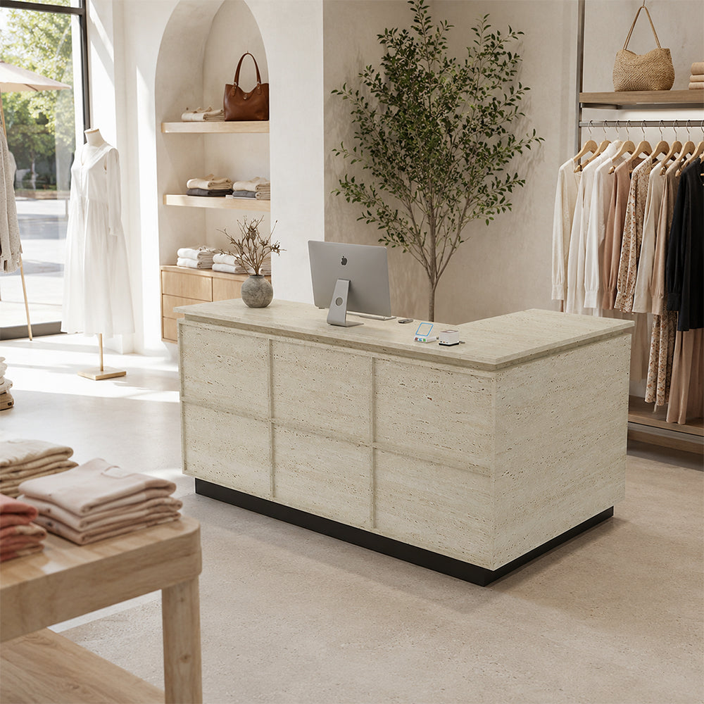 LIVARA 120/180cm L-Shaped Corner Reception Counter with Storage for Retail Store & Boutique - Travertine with Black Base, Left Corner