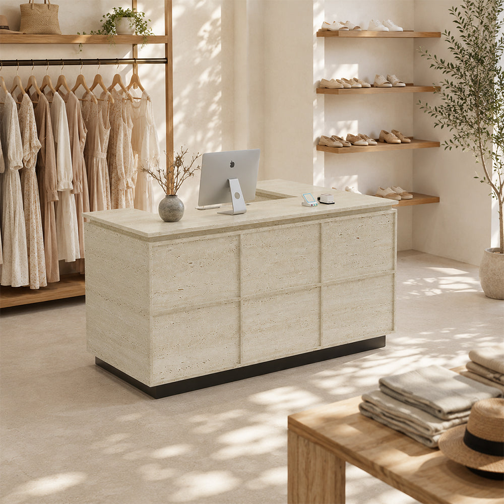 LIVARA 120/180cm L-Shaped Corner Reception Counter with Storage for Retail Store & Boutique - Travertine with Black Base, Left Corner