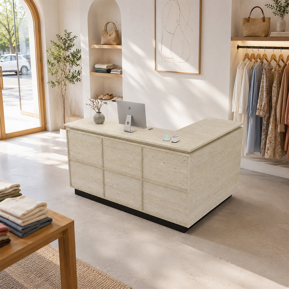 LIVARA 120/180cm L-Shaped Corner Reception Counter with Storage for Retail Store & Boutique - Travertine with Black Base, Left Corner
