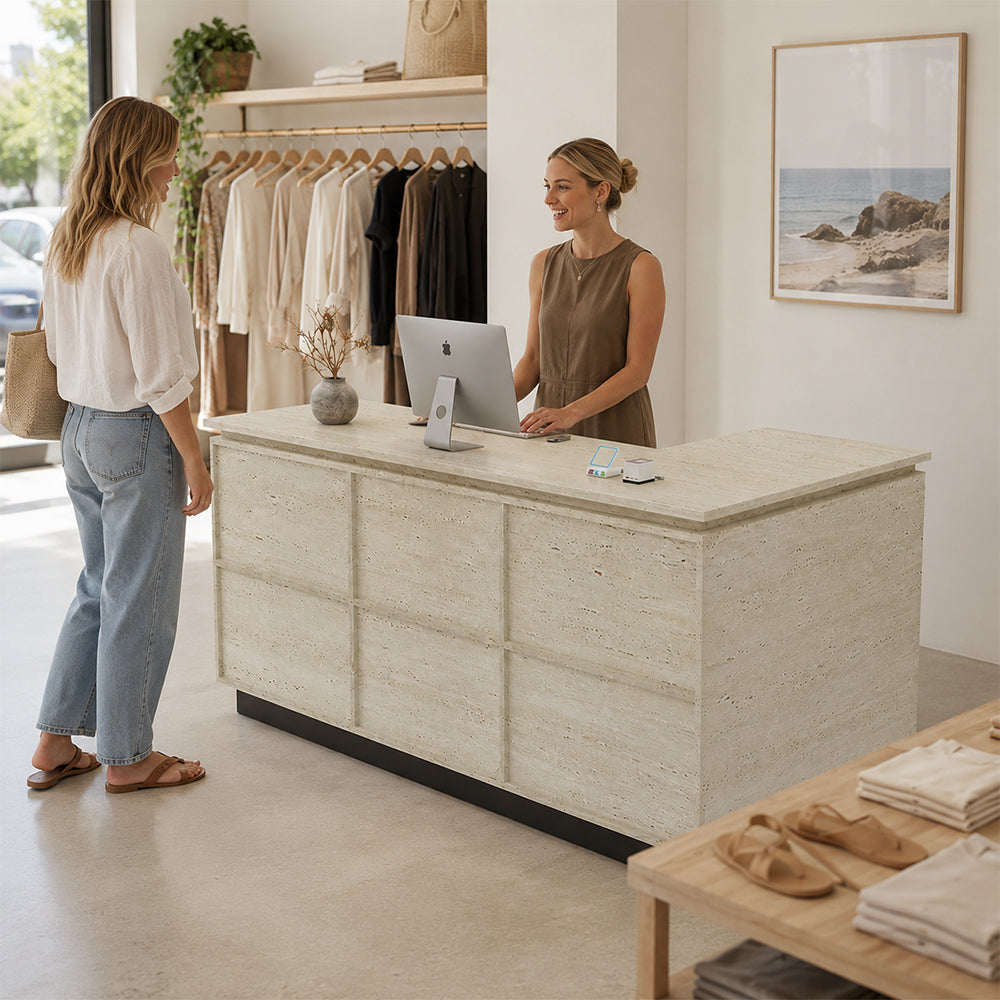 LIVARA 120/180cm L-Shaped Corner Reception Counter with Storage for Retail Store & Boutique - Travertine with Black Base, Left Corner