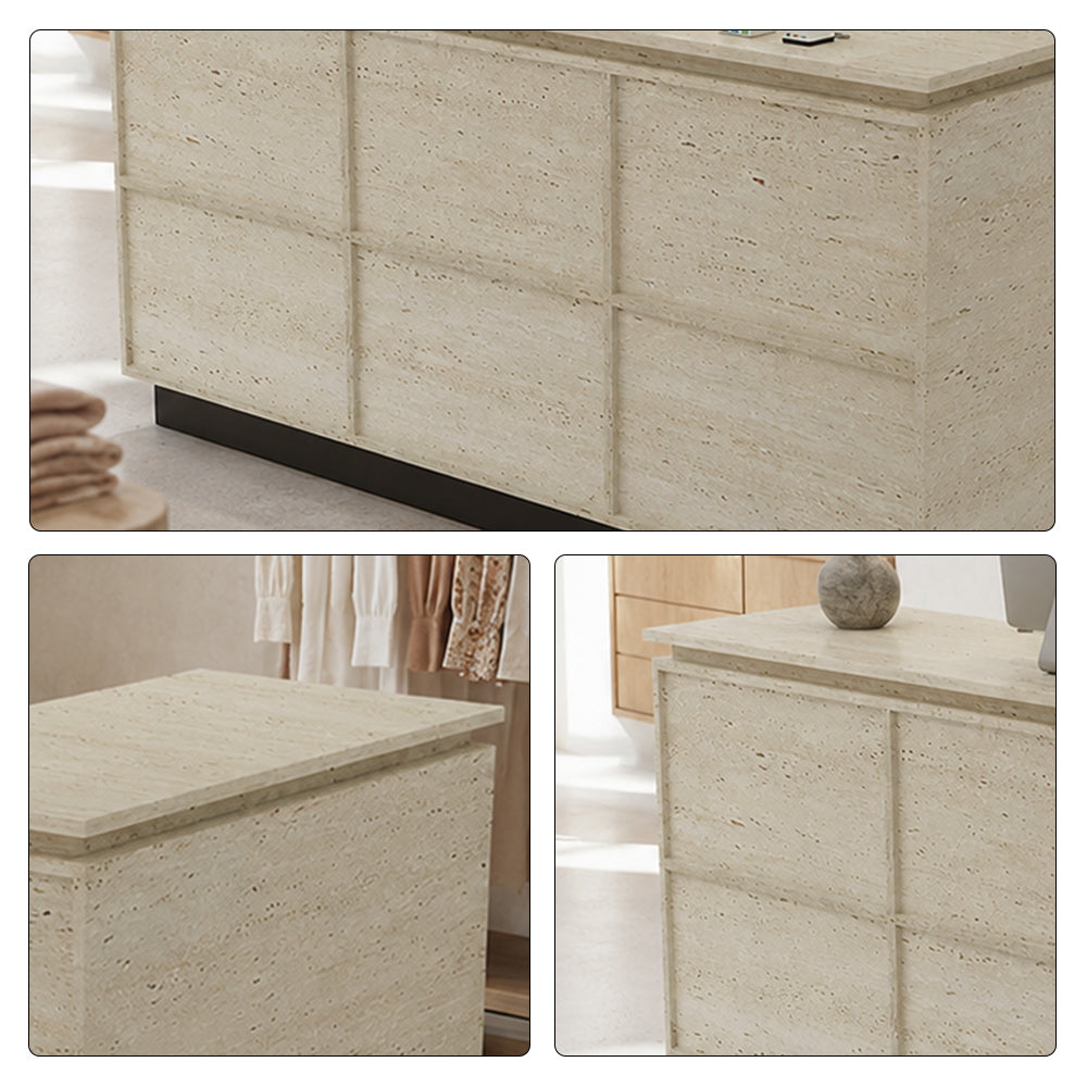 LIVARA 120/180cm L-Shaped Corner Reception Counter with Storage for Retail Store & Boutique - Travertine with Black Base, Left Corner