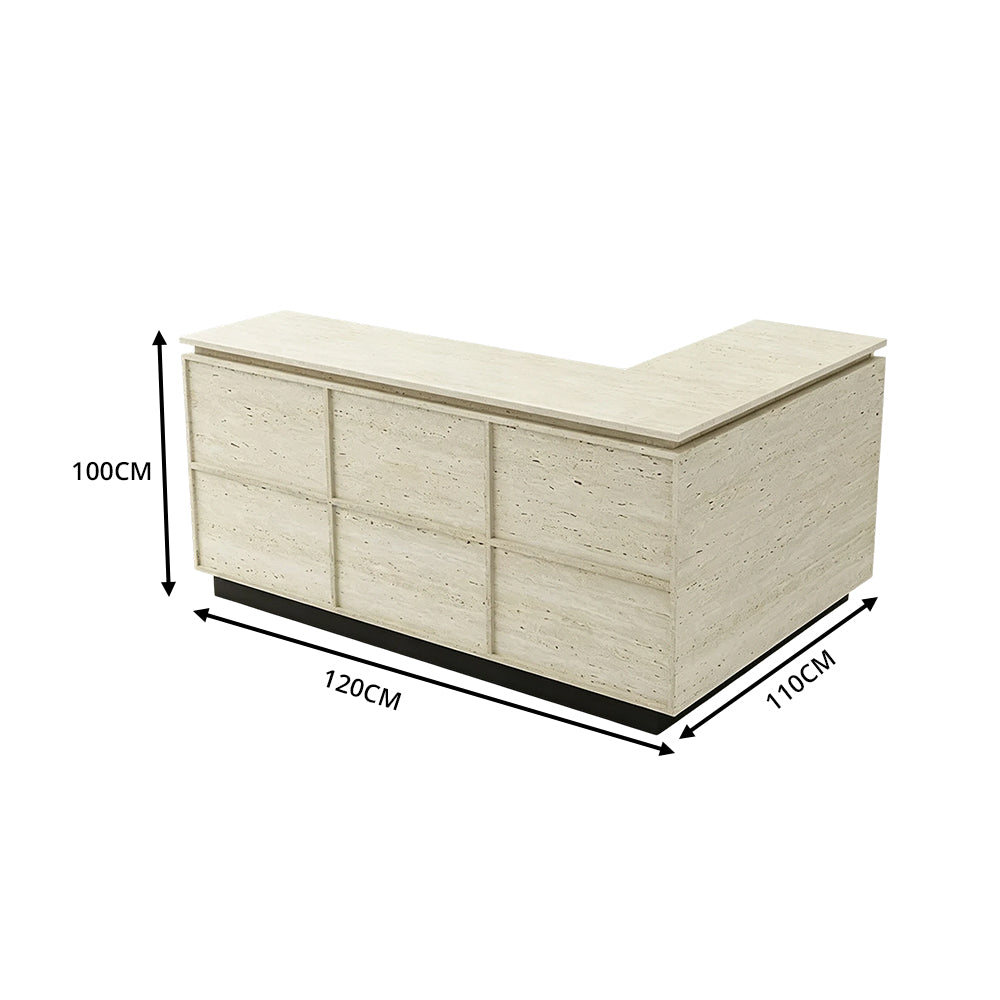 LIVARA 120/180cm L-Shaped Corner Reception Counter with Storage for Retail Store & Boutique - Travertine with Black Base, Left Corner