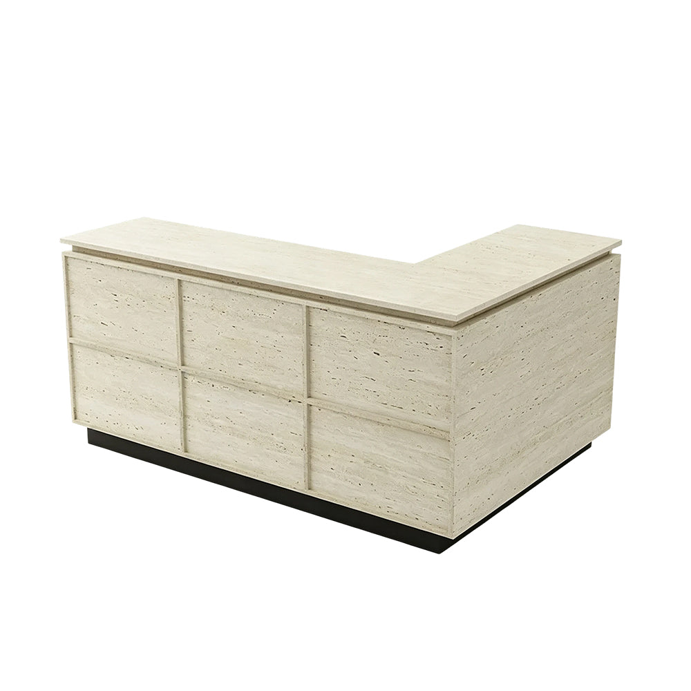 LIVARA 120/180cm L-Shaped Corner Reception Counter with Storage for Retail Store & Boutique - Travertine with Black Base, Left Corner
