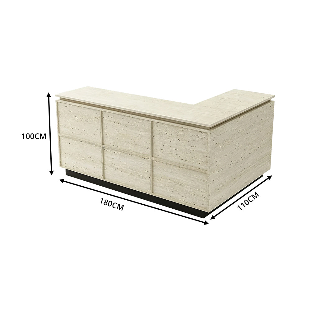 LIVARA 120/180cm L-Shaped Corner Reception Counter with Storage for Retail Store & Boutique - Travertine with Black Base, Left Corner