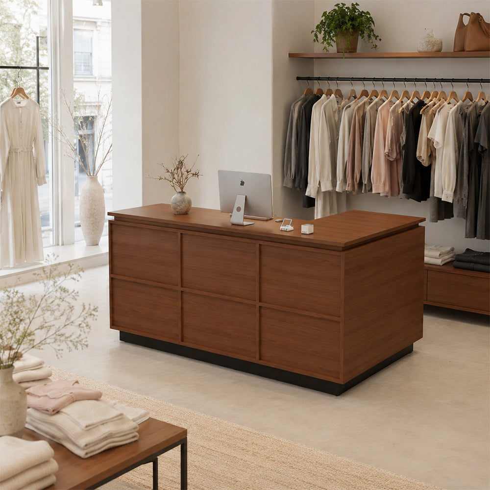 LIVARA 120/180cm L-Shaped Corner Reception Counter with Storage for Retail Store & Boutique - Wood with Black Base, Left Corner