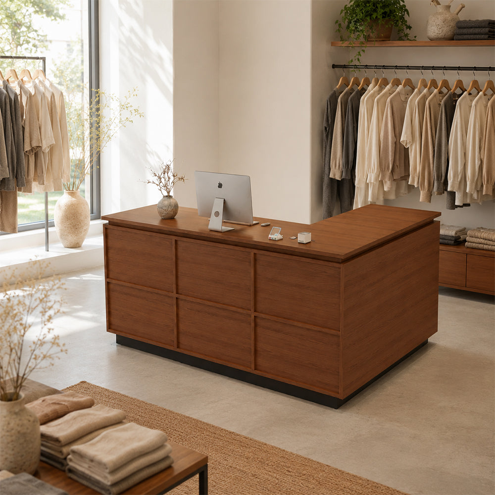 LIVARA 120/180cm L-Shaped Corner Reception Counter with Storage for Retail Store & Boutique - Wood with Black Base, Left Corner
