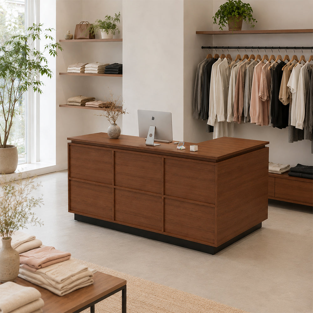 LIVARA 120/180cm L-Shaped Corner Reception Counter with Storage for Retail Store & Boutique - Wood with Black Base, Left Corner
