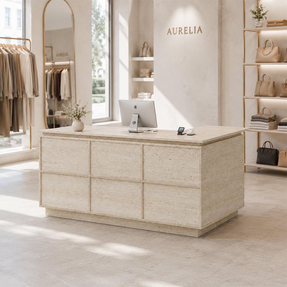 LIVARA 120/180cm L-Shaped Corner Reception Counter with Storage for Retail Store & Boutique - Travertine, Left Corner