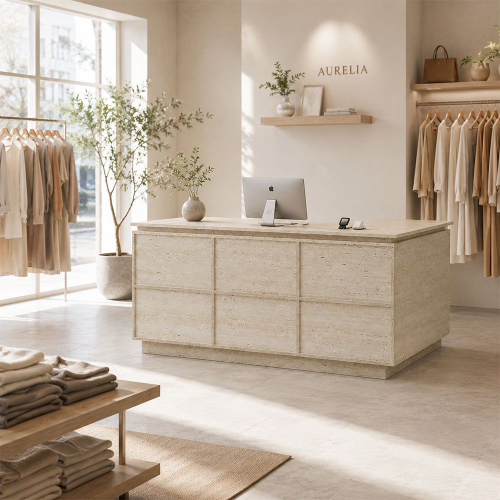 LIVARA 120/180cm L-Shaped Corner Reception Counter with Storage for Retail Store & Boutique - Travertine, Left Corner