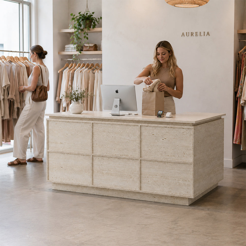 LIVARA 120/180cm L-Shaped Corner Reception Counter with Storage for Retail Store & Boutique - Travertine, Left Corner
