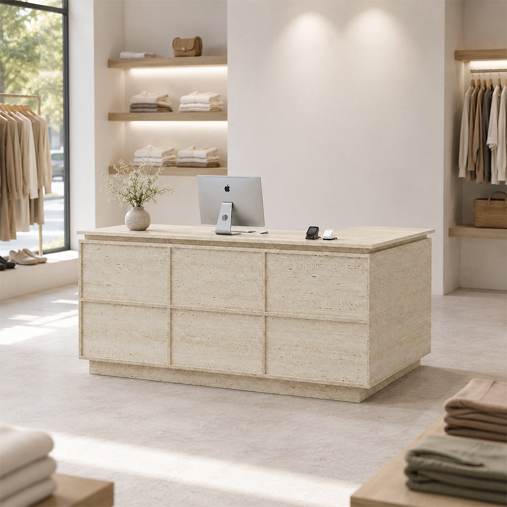 LIVARA 120/180cm L-Shaped Corner Reception Counter with Storage for Retail Store & Boutique - Travertine, Left Corner