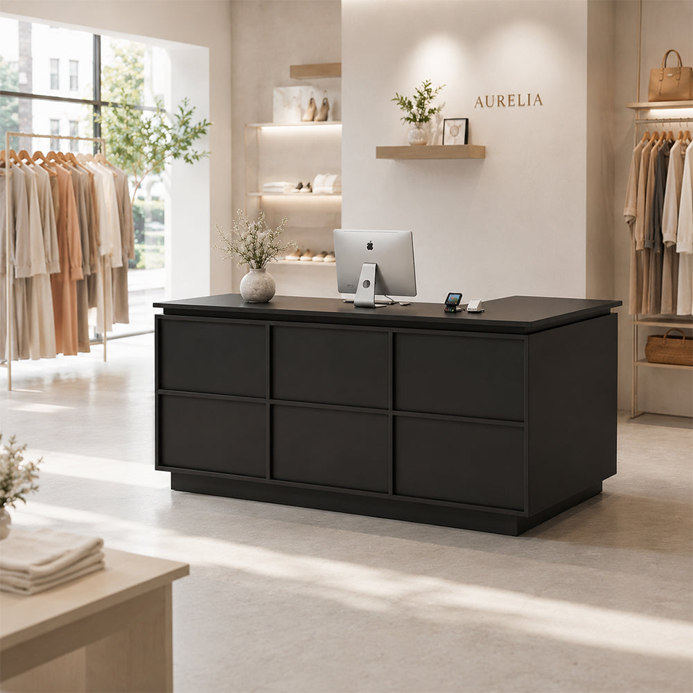 LIVARA 120/180cm L-Shaped Corner Reception Counter with Storage for Retail Store & Boutique - Black, Left Corner