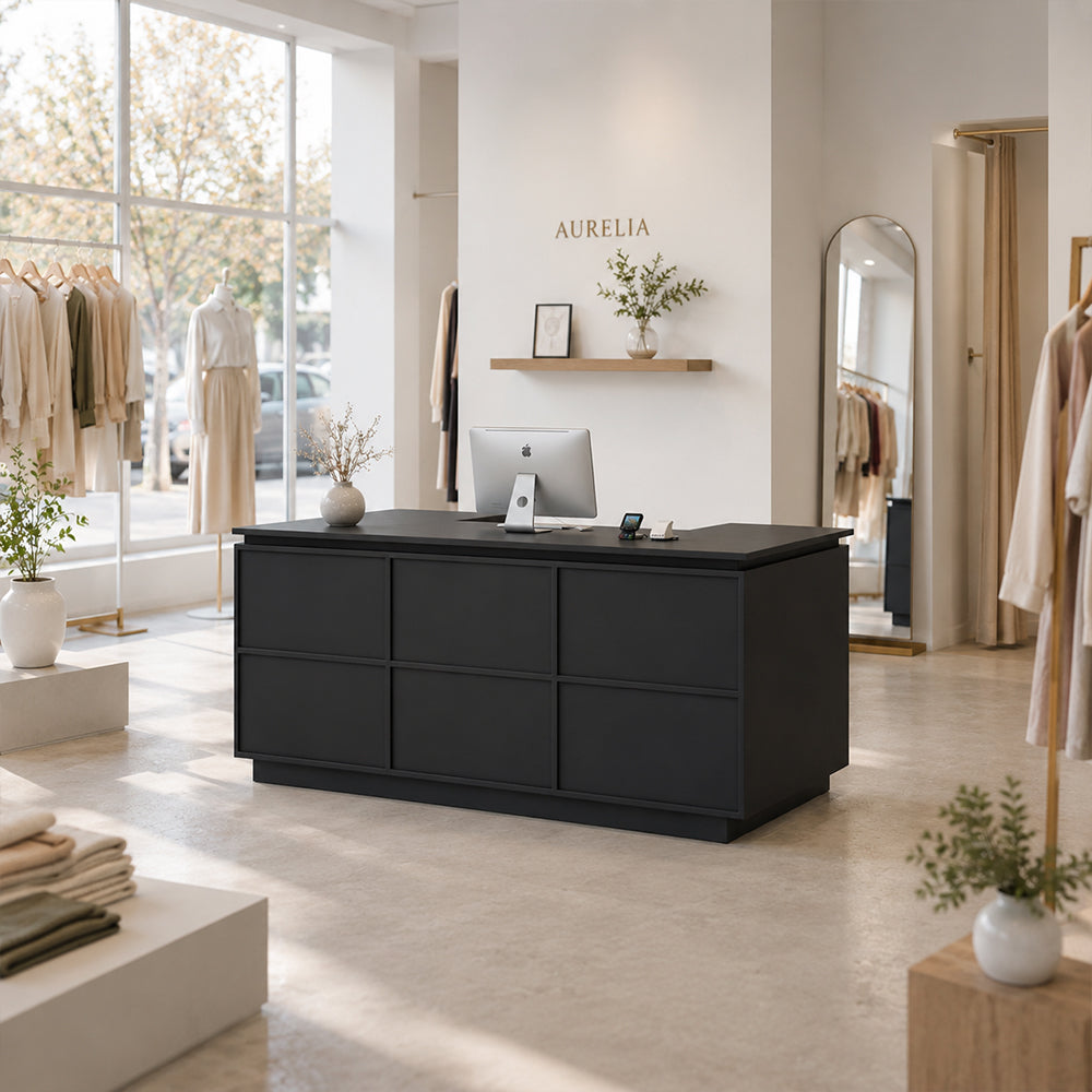 LIVARA 120/180cm L-Shaped Corner Reception Counter with Storage for Retail Store & Boutique - Black, Left Corner