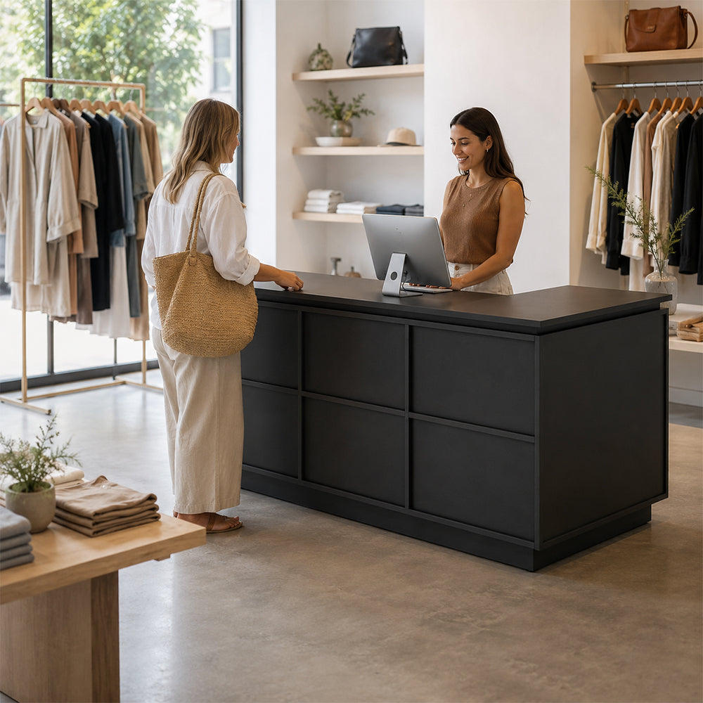 LIVARA 120/180cm L-Shaped Corner Reception Counter with Storage for Retail Store & Boutique - Black, Left Corner