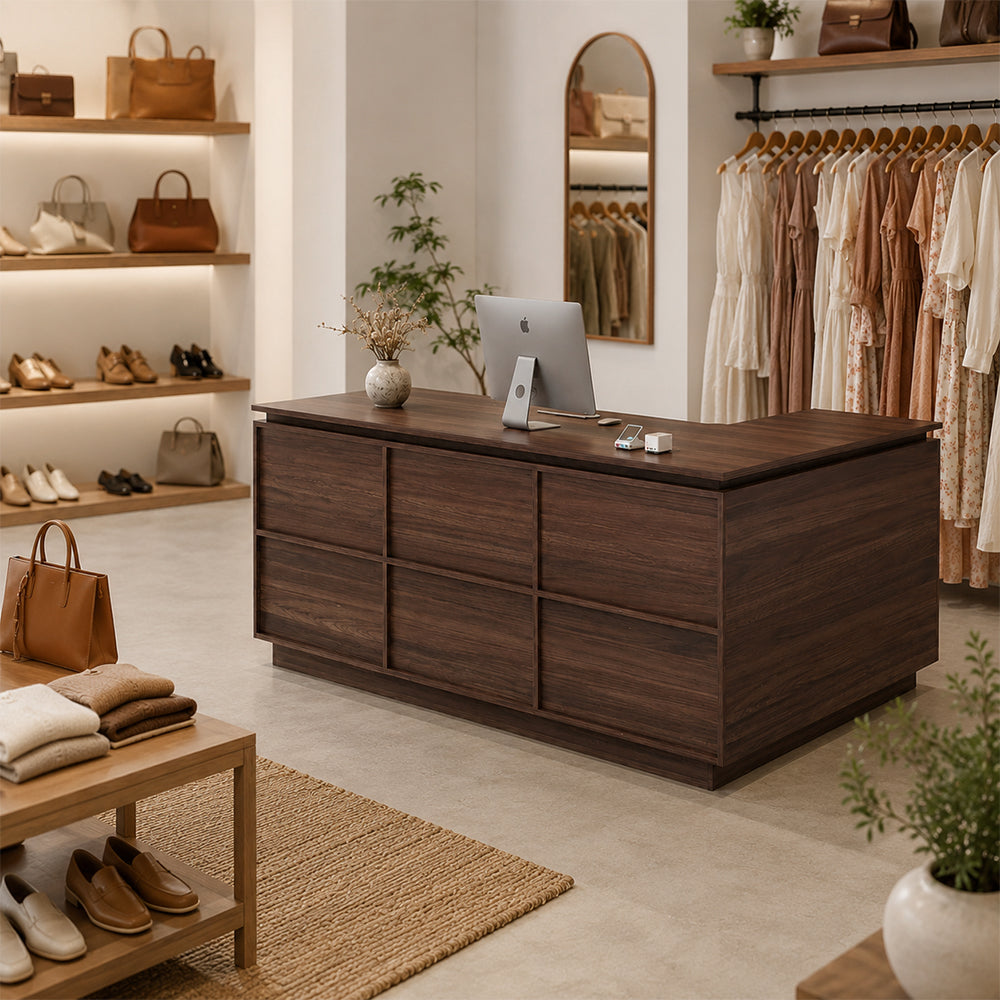 LIVARA 120/180cm L-Shaped Corner Reception Counter with Storage for Retail Store & Boutique - Walnut, Left Corner
