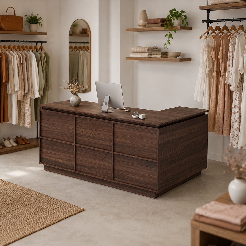 LIVARA 120/180cm L-Shaped Corner Reception Counter with Storage for Retail Store & Boutique - Walnut, Left Corner