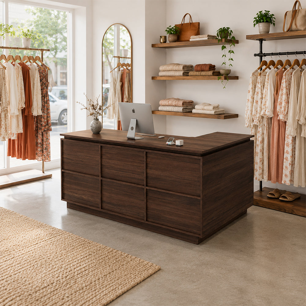 LIVARA 120/180cm L-Shaped Corner Reception Counter with Storage for Retail Store & Boutique - Walnut, Left Corner
