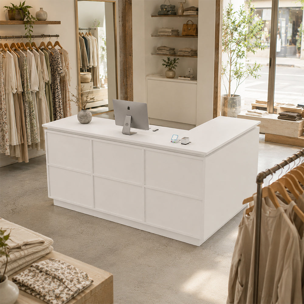 LIVARA 120/180cm L-Shaped Corner Reception Counter with Storage for Retail Store & Boutique - White, Left Corner