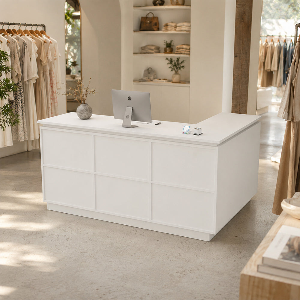 LIVARA 120/180cm L-Shaped Corner Reception Counter with Storage for Retail Store & Boutique - White, Left Corner
