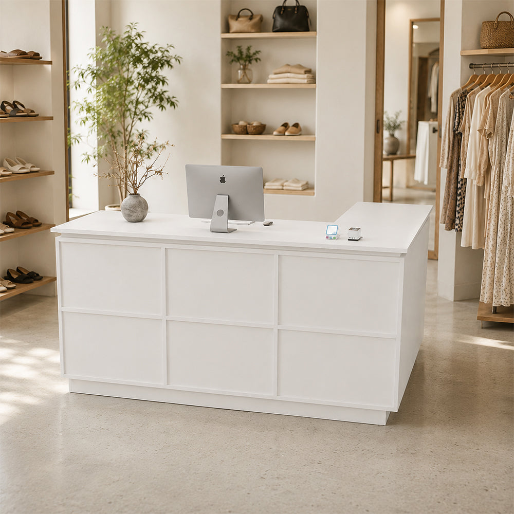 LIVARA 120/180cm L-Shaped Corner Reception Counter with Storage for Retail Store & Boutique - White, Left Corner