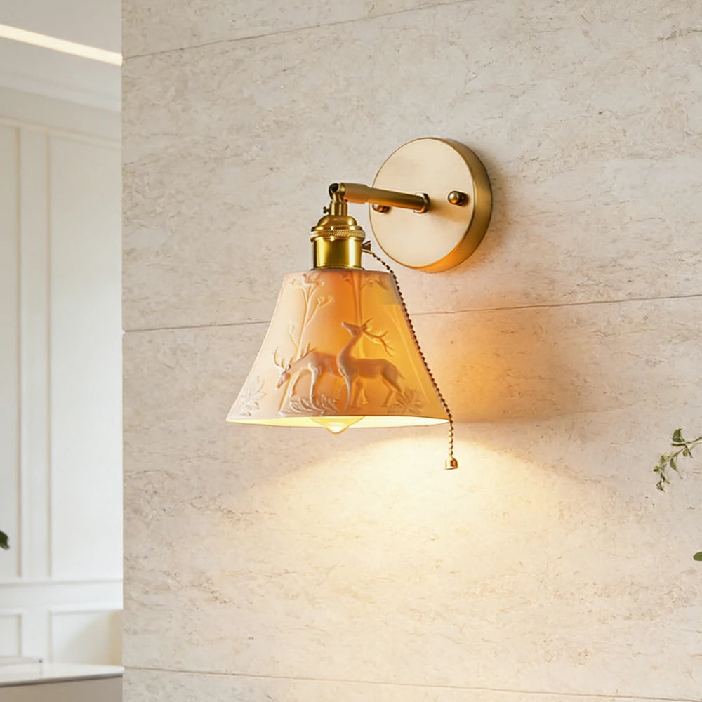 LIVARA Vintage Wall Light 40W Edison Bulb Deer Design Straight Rod Brass Structure for Bedroom Hallway Living Room